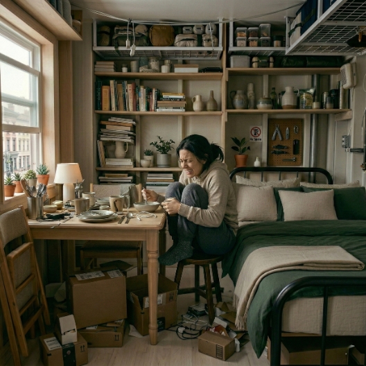 Mujer en espacio diminuto donde la cama y el comedor chocan