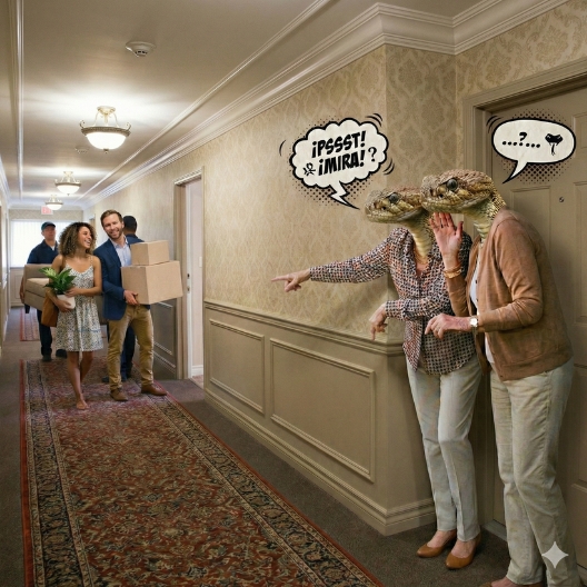 Vecinos dinosaurio chismeando en el pasillo