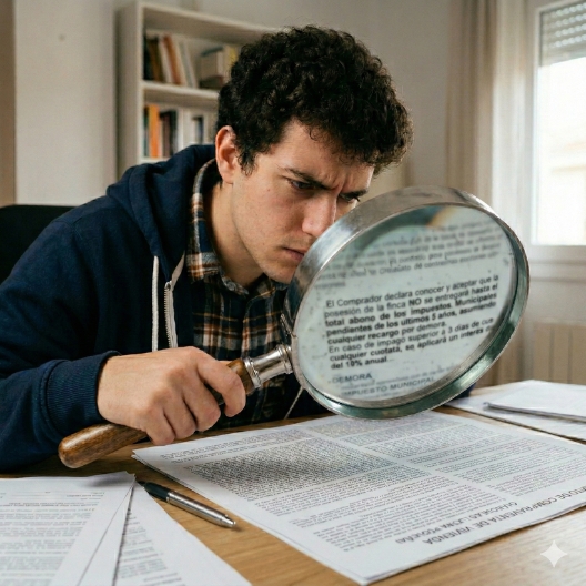 Joven leyendo contrato con lupa gigante