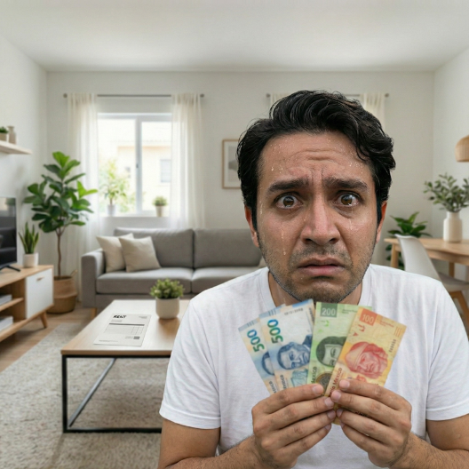 Hombre preocupado contando dinero de la renta