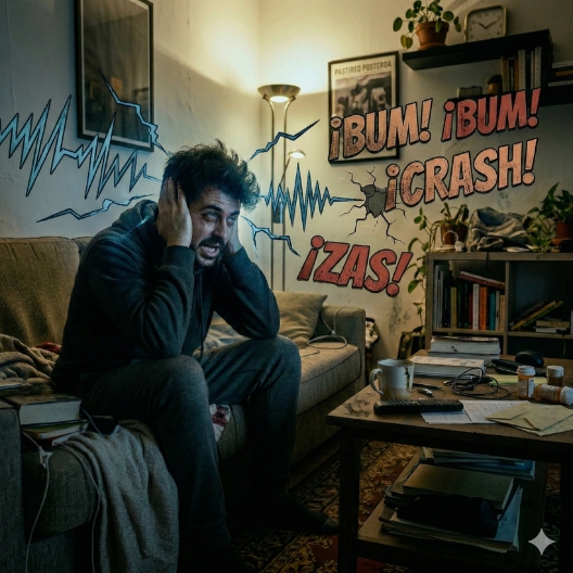 Hombre sufriendo ruido de vecinos