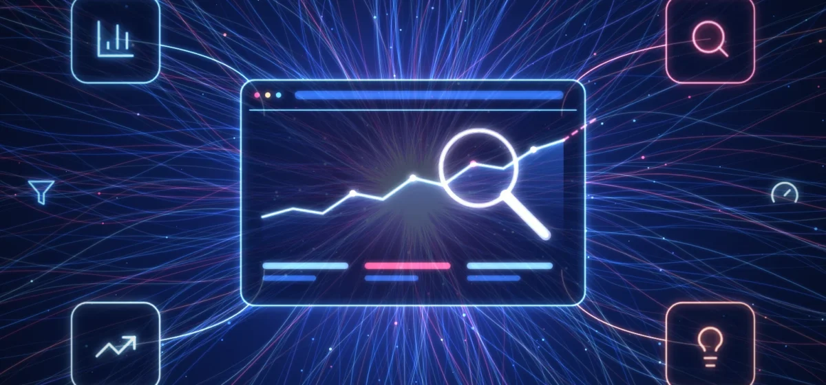 Analítica web: panel de datos con tendencia de conversiones y los 4 tipos de analítica