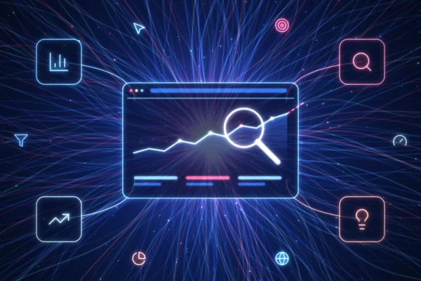 Analítica web: panel de datos con tendencia de conversiones y los 4 tipos de analítica