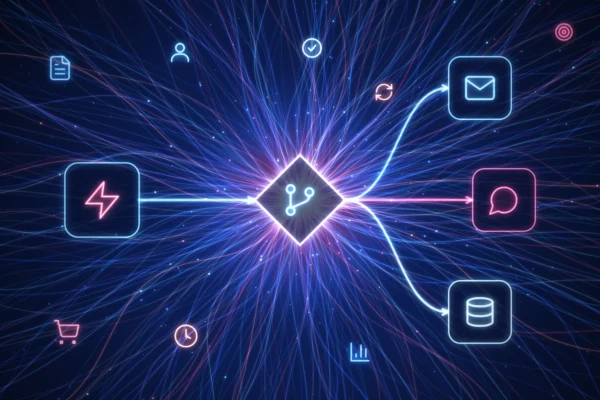 Flujos automatizados: disparador, condición y acciones conectadas a email, WhatsApp y CRM