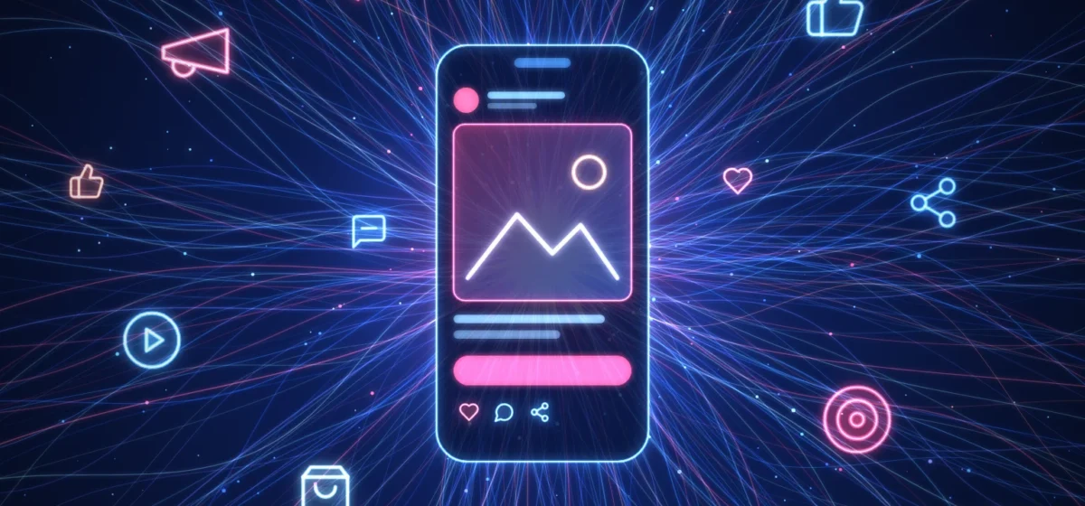 Publicidad en redes sociales: smartphone con anuncio rodeado de íconos de interacción, megáfono y objetivo