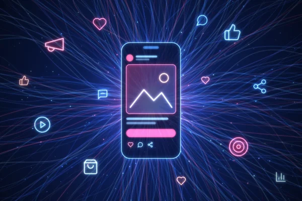 Publicidad en redes sociales: smartphone con anuncio rodeado de íconos de interacción, megáfono y objetivo